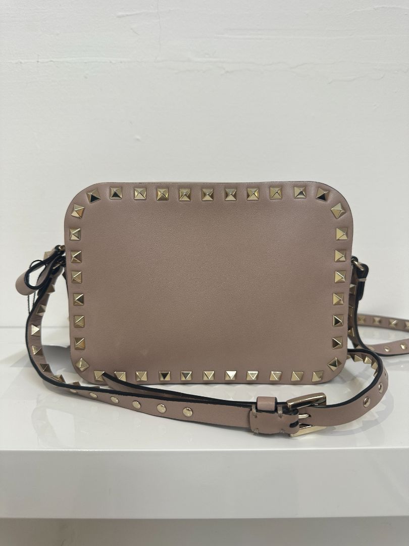 Valentino Taupe Rockstud Small Leather Crossbody Camera Bag