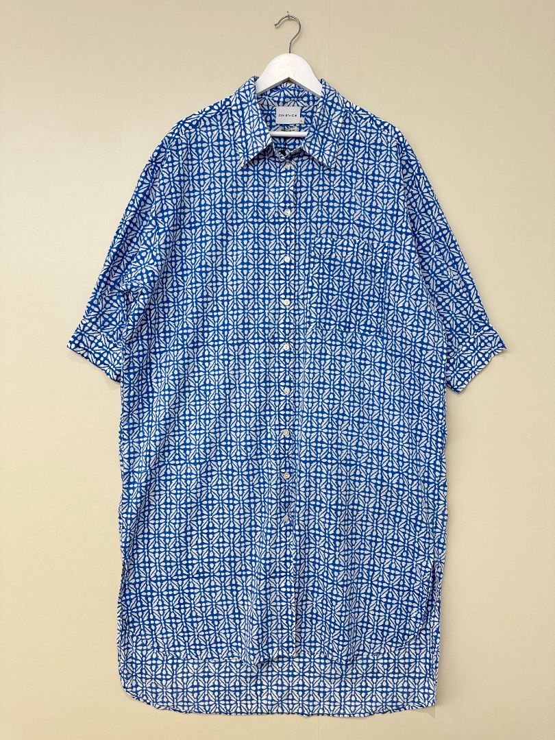 Zen Ethic* Blue White Cotton Print Shirt Dress - Size L
