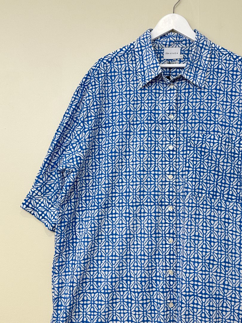 Zen Ethic* Blue White Cotton Print Shirt Dress - Size L
