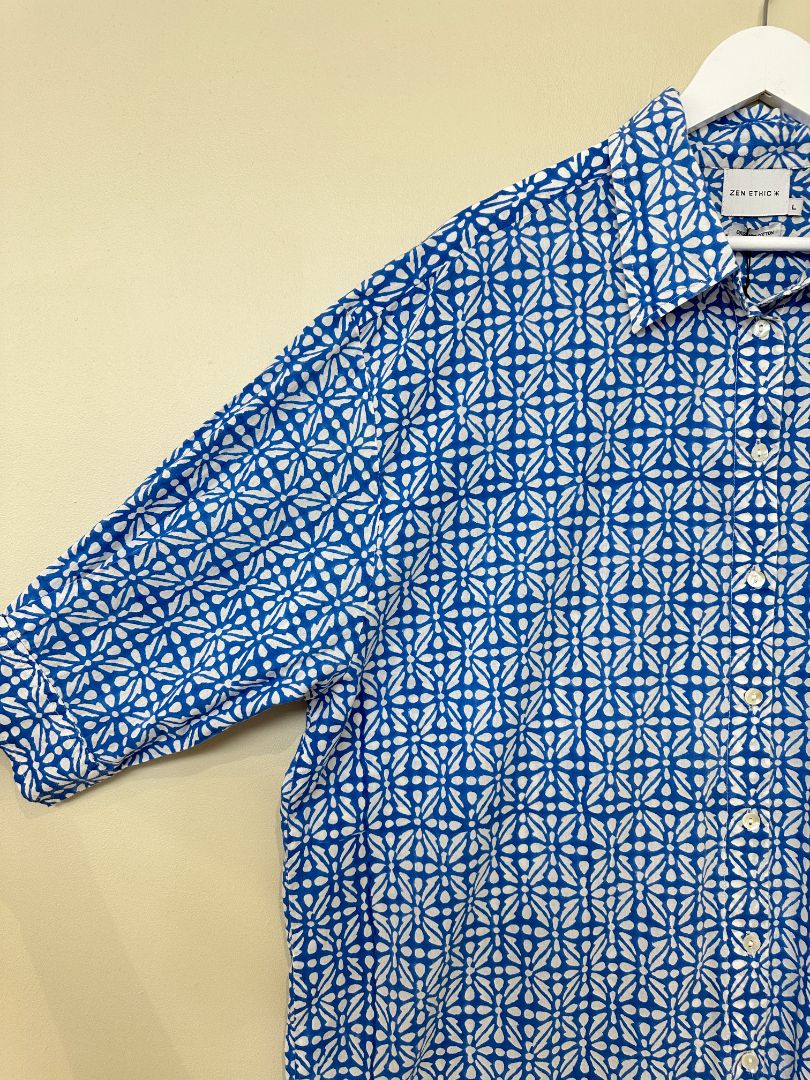 Zen Ethic* Blue White Cotton Print Shirt Dress - Size L
