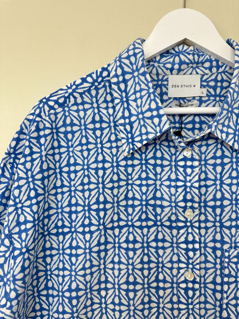Zen Ethic* Blue White Cotton Print Shirt Dress - Size L