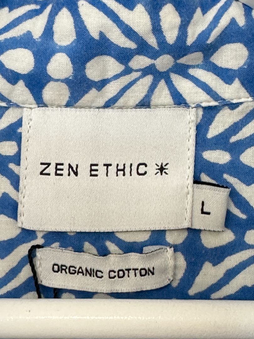 Zen Ethic* Blue White Cotton Print Shirt Dress - Size L