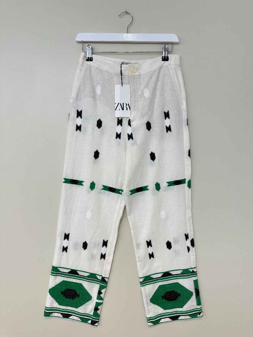 Zara Cream Black Green Embroidered Aztec Linen Blend Trousers - Size S