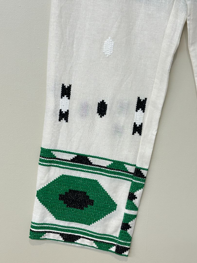 Zara Cream Black Green Embroidered Aztec Linen Blend Trousers - Size S