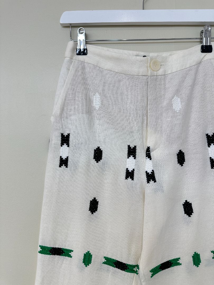 Zara Cream Black Green Embroidered Aztec Linen Blend Trousers - Size S