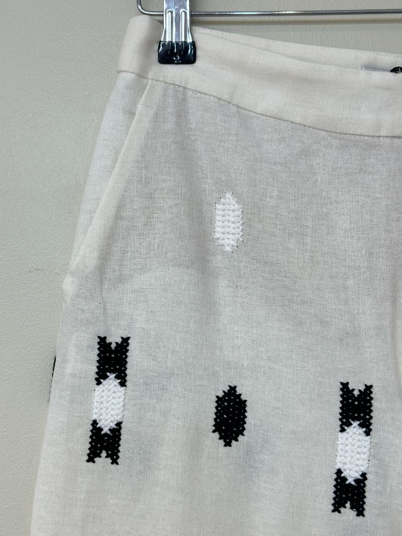 Zara Cream Black Green Embroidered Aztec Linen Blend Trousers - Size S