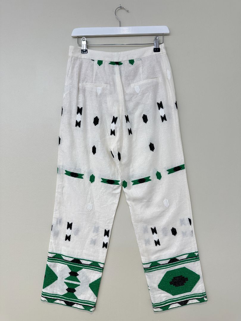 Zara Cream Black Green Embroidered Aztec Linen Blend Trousers - Size S