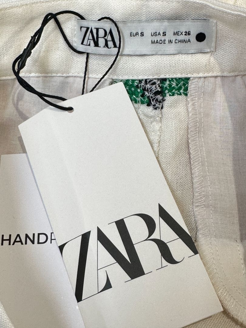 Zara Cream Black Green Embroidered Aztec Linen Blend Trousers - Size S