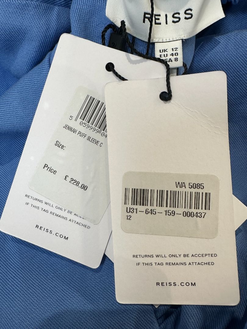 Reiss Blue Jenna Puff Sleeve Midi Dress - Size 12