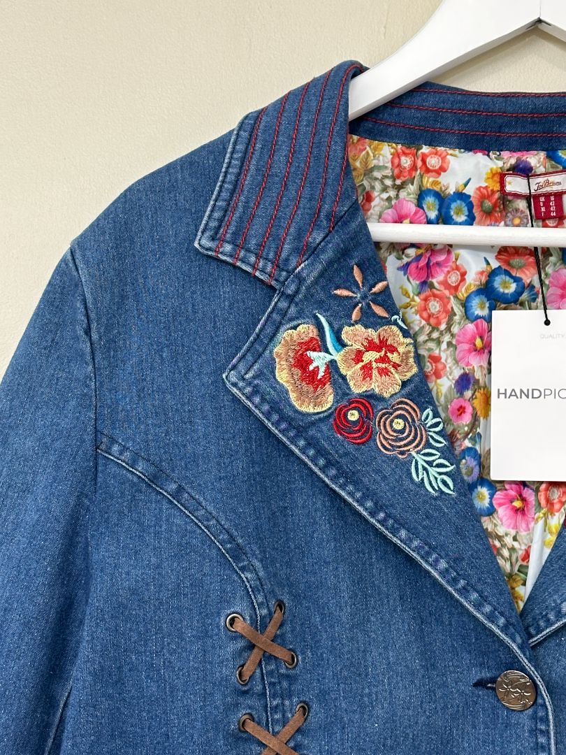 Joe Browns Blue Embroidered Floral Denim Jacket - Size 16