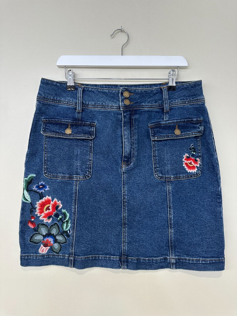 Joe Browns Blue Embroidered Floral Denim Skirt - Size 16