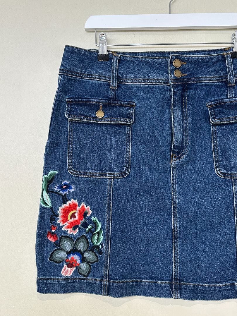 Joe Browns Blue Embroidered Floral Denim Skirt - Size 16