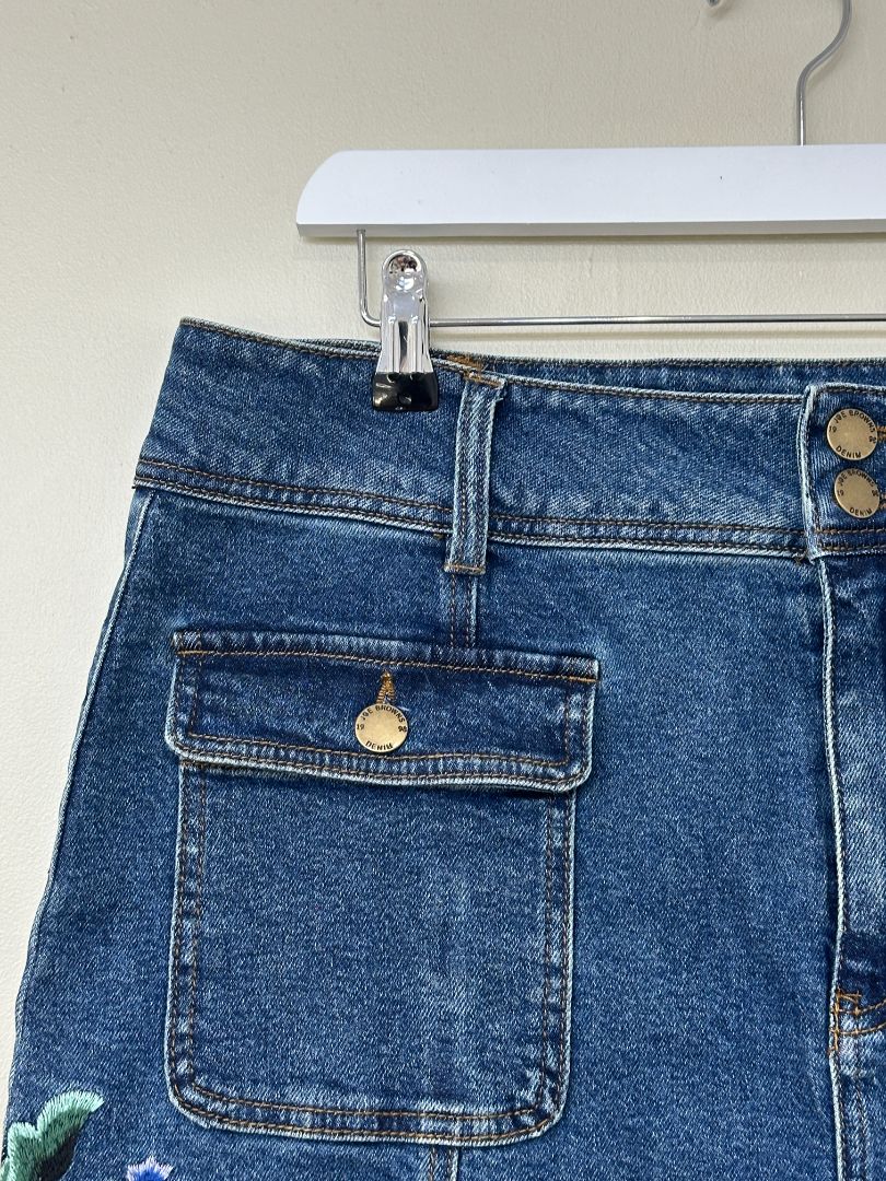 Joe Browns Blue Embroidered Floral Denim Skirt - Size 16