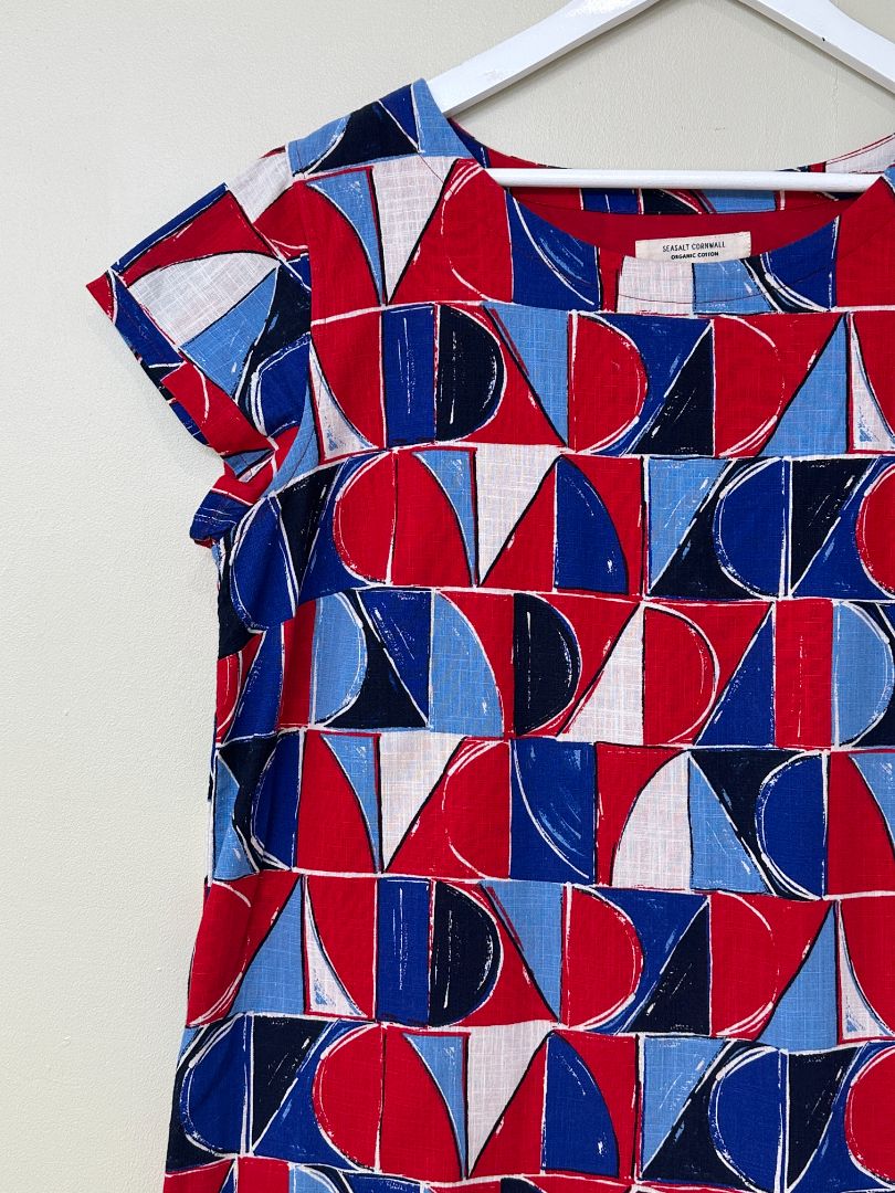 Seasalt Red Blue River Cove Geometric Cotton Dress - Size 16