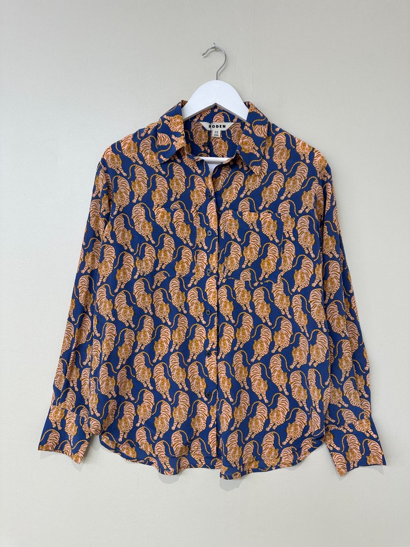 Boden Blue Orange Silk Tiger Shirt - Size 8