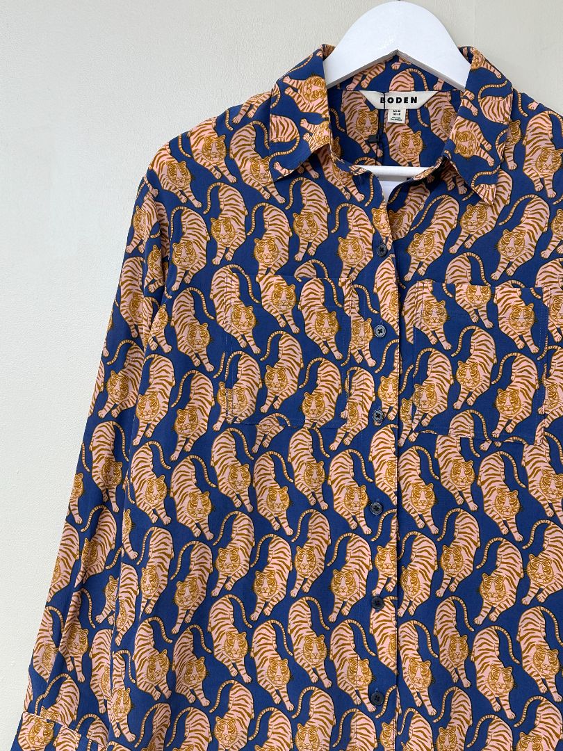 Boden Blue Orange Silk Tiger Shirt - Size 8