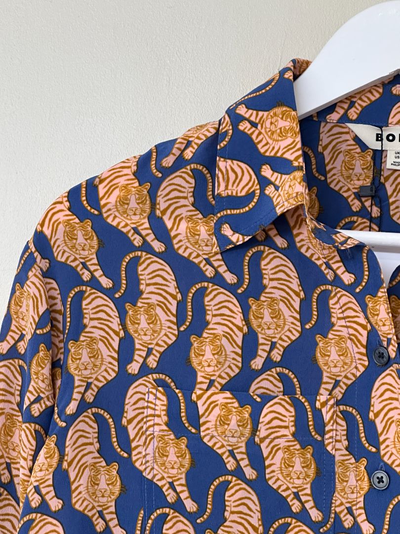 Boden Blue Orange Silk Tiger Shirt - Size 8