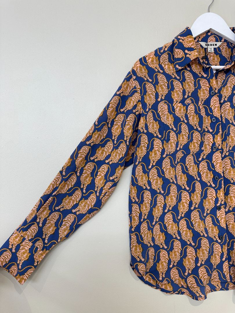 Boden Blue Orange Silk Tiger Shirt - Size 8