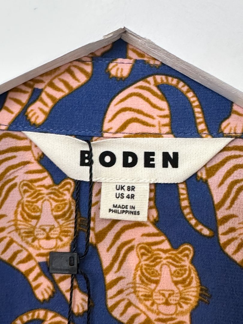 Boden Blue Orange Silk Tiger Shirt - Size 8