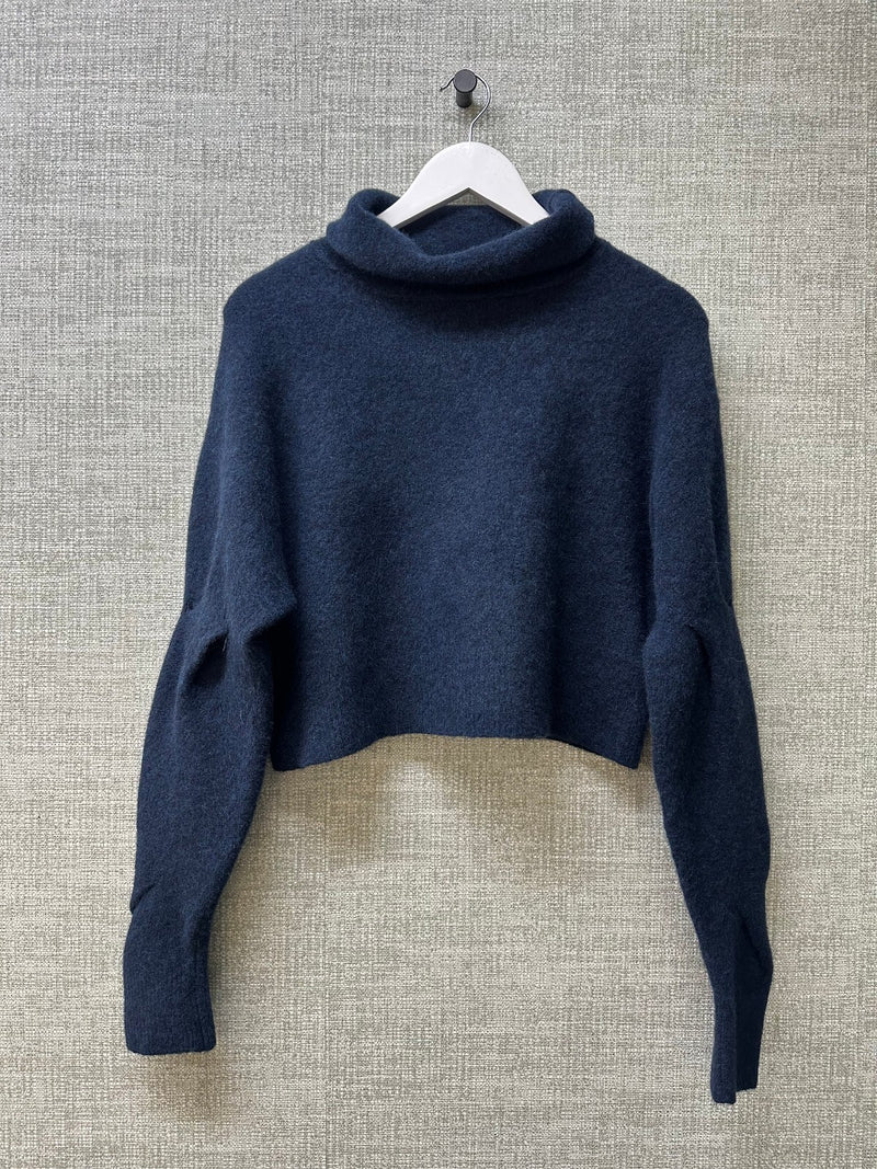 Alexander Wang Navy Wool Blend Cropped Turtleneck Sweater Jumper - Size XS