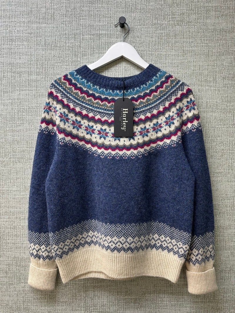 Harley of Scotland Blue Wool Fair Isle Crew Neck Long Sleeve Pullover Jumper M