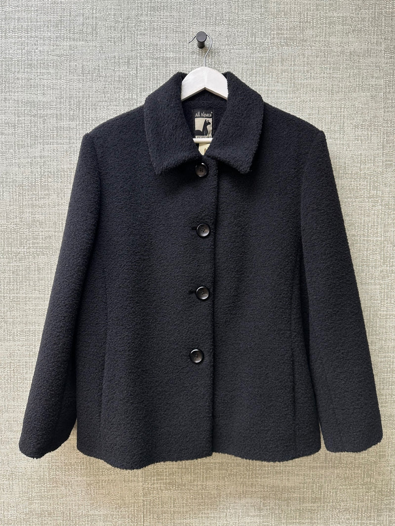 All Alpaca Black Wool Alpaca Boucle Classic Collar Button Jacket - Size XXL