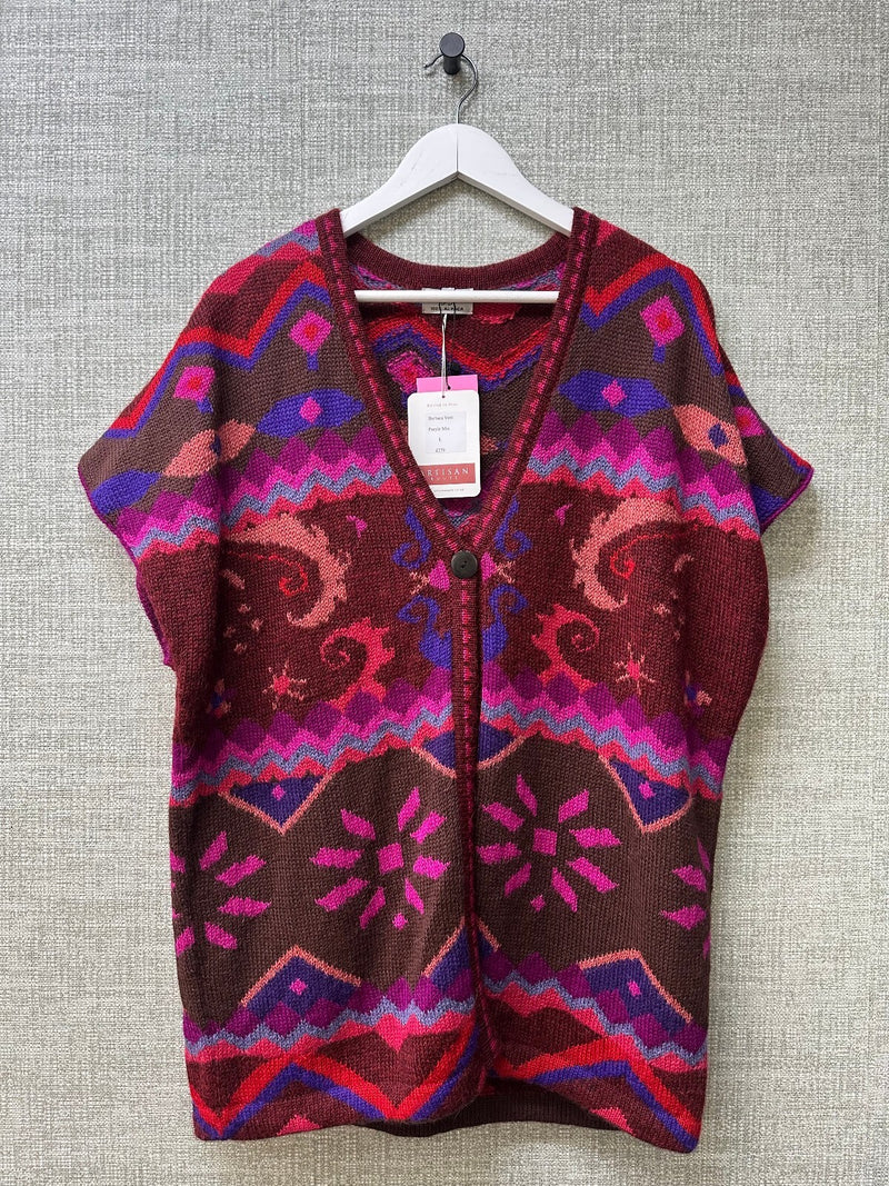 Raffa Burgundy Alpaca Wool Intarsia Buttoned Sleeveless Vest Cardigan - Size L