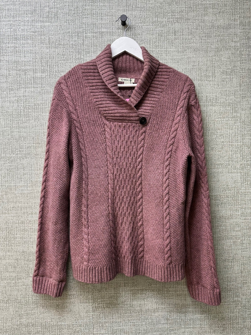 Orvis Rose Pink Cable Knit Shawl Collar Jumper Sweater Size L Yak Merino Wool