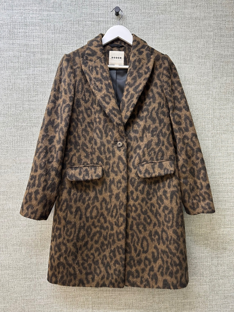 Boden Brown Wool Leopard Print Canterbury Classic Button Front Coat - UK 10R