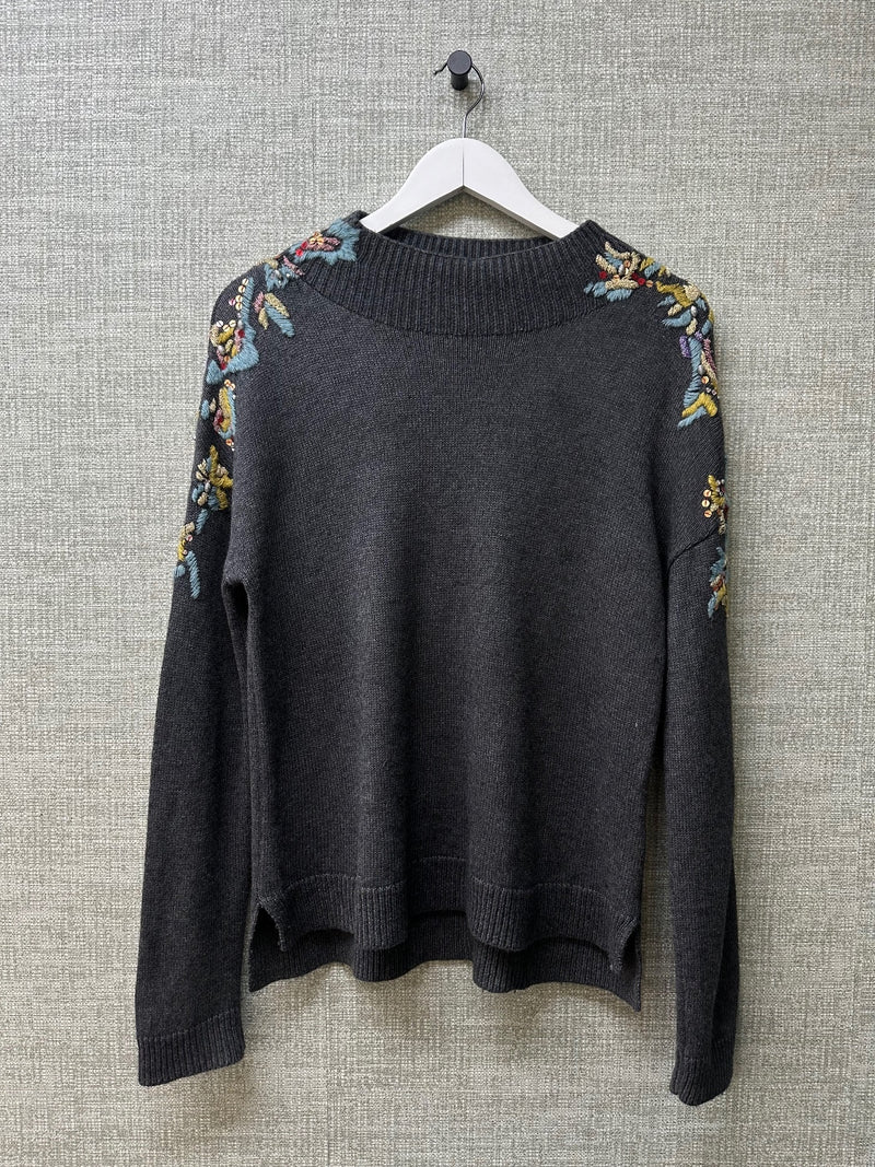 Monsoon Dark Grey Embroidered Wool Blend Jumper UK Size 10