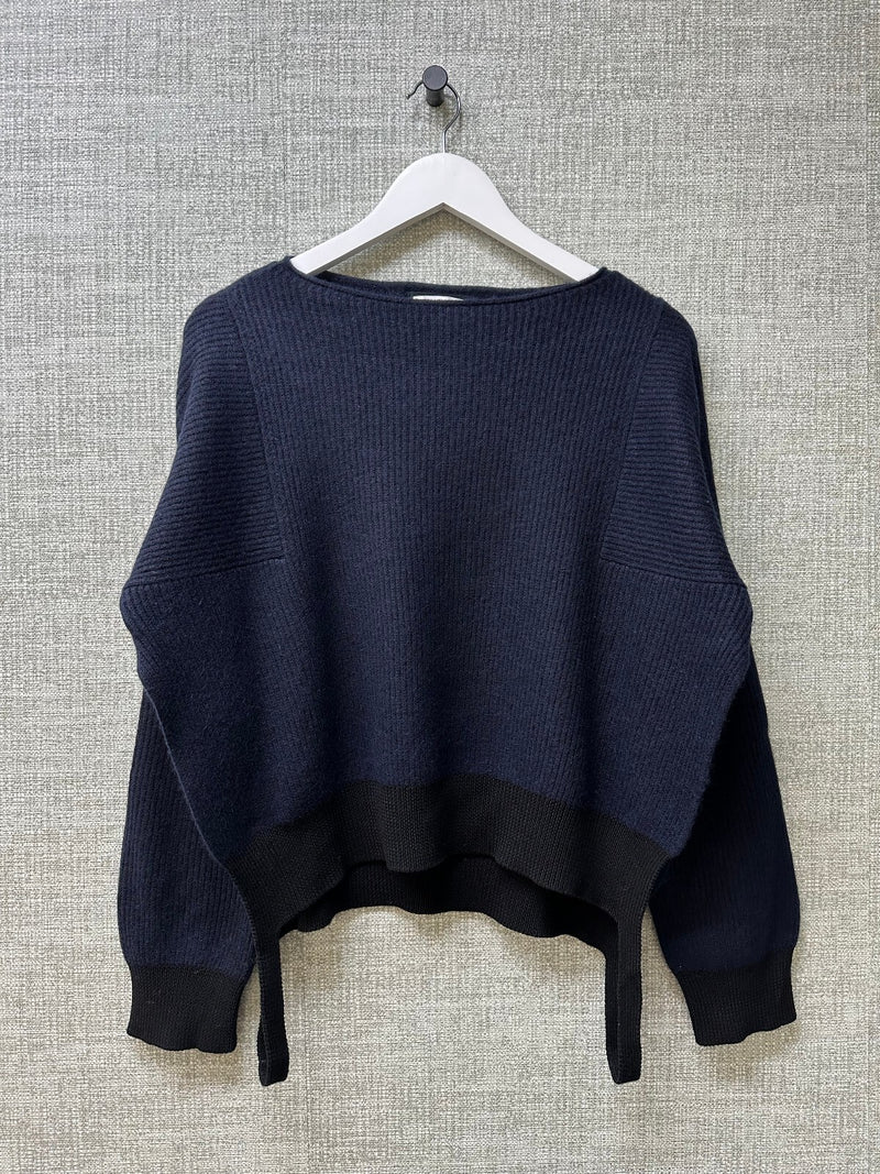 Helmut Lang Navy Cotton Wool Cashmere Knit Boat Neck Jumper - XS