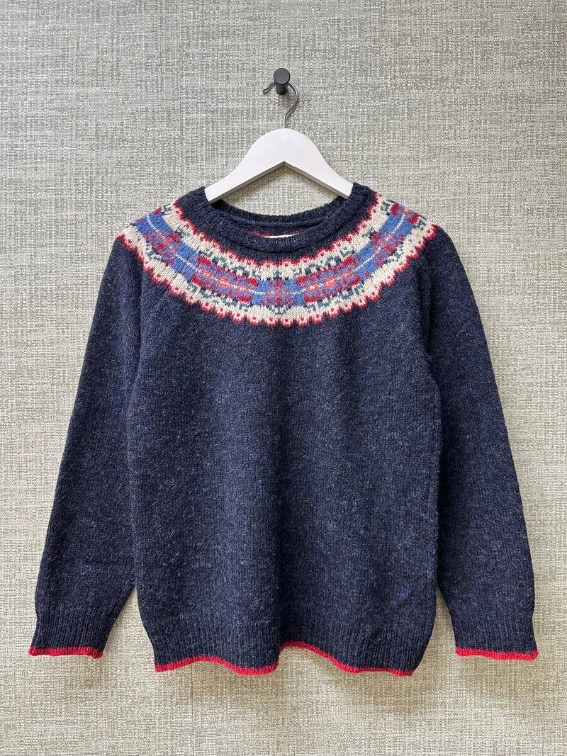 Brora Navy Blue Wool Fair Isle Pattern Round Neck Classic Knit Jumper - Size 8