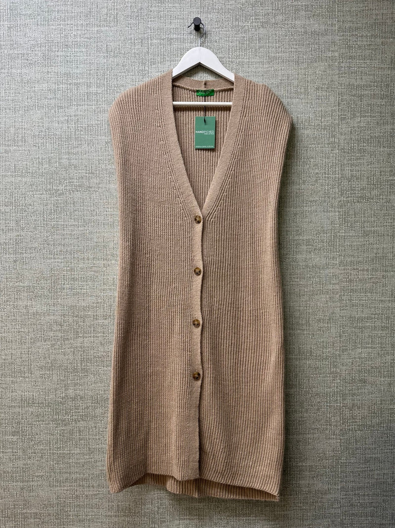 Benetton Beige Ribbed Wool Blend Longline Button Vest Sleeveless Cardigan - XL