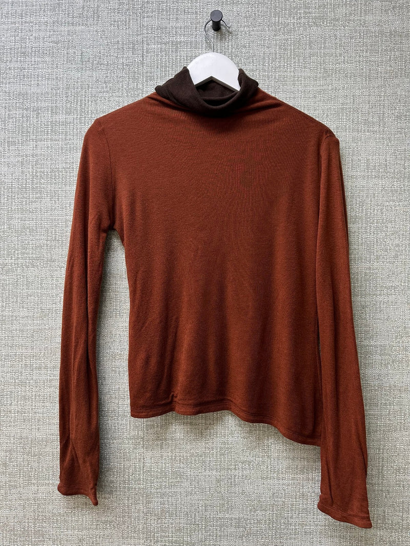 Rejina Pyo Brown Tencel Wool Double Ply Turtleneck Asymmetric Long Sleeve Top M