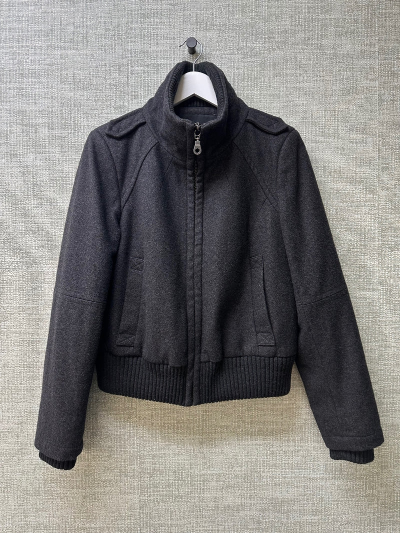 Zara Charcoal Grey Wool Blend Ribbed Hem Zip Up Bomber Funnel Jacket - Size L