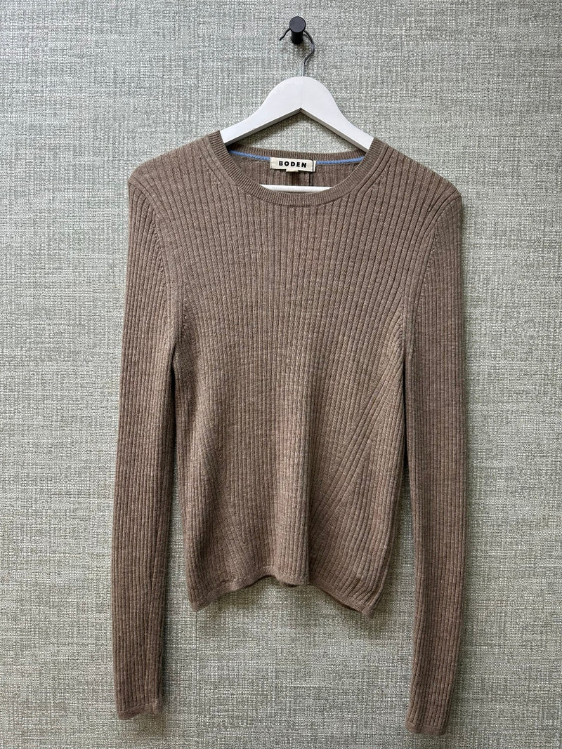 Boden Light Brown Merino Wool Ribbed Crew Neck Long Sleeve Jumper - Size L
