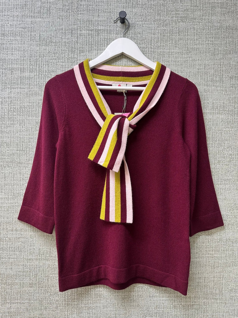Boden Burgundy Wool Cashmere Ellie Striped Collar Tie Neck Knit Jumper - Size 10