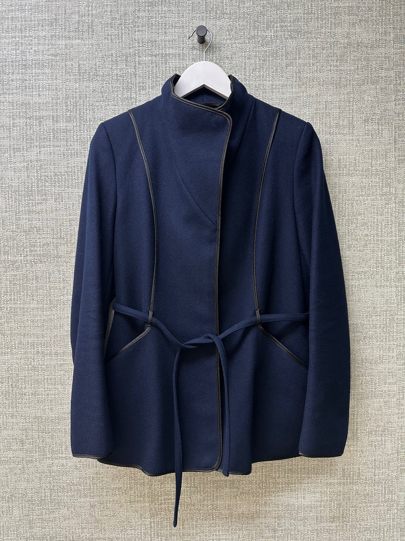 Reiss Navy Wool Cashmere Blend Funnel Neck Wrap Belted Jacket - Size M