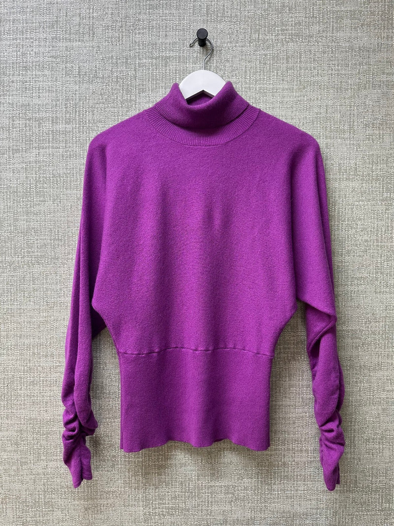 Reiss Purple Wool Cashmere Blend Turtleneck Ruched Sleeve Jumper - Size M