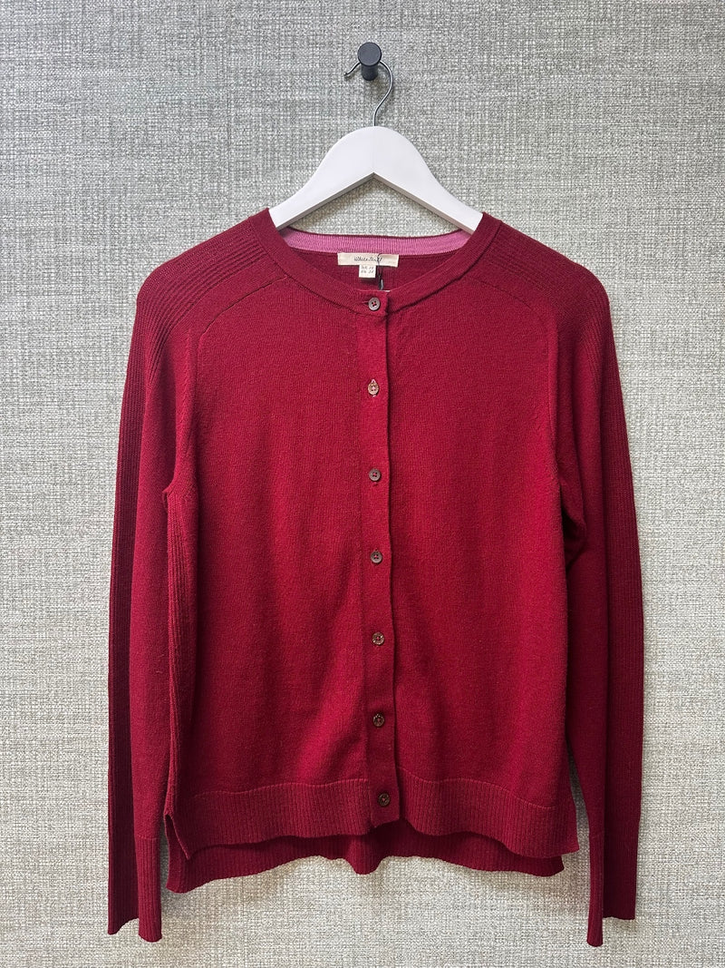 White Stuff Burgundy Red Cotton Merino Wool Fine Knit Button-Up Cardigan UK 10