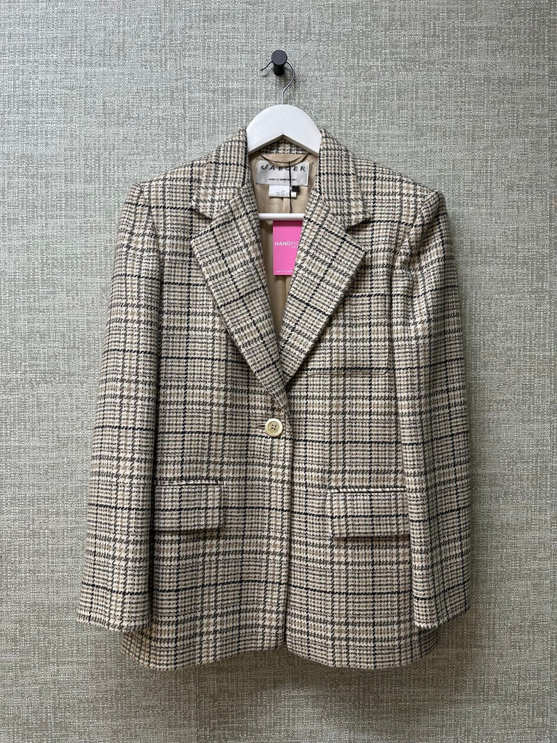 Jaeger Beige Wool Check Long Line Button Down Vintage Blazer Jacket Size 6