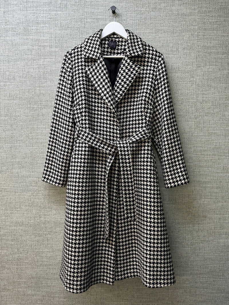M&S Black White Wool Blend Houndstooth Belted Classic Trench Coat - UK 14