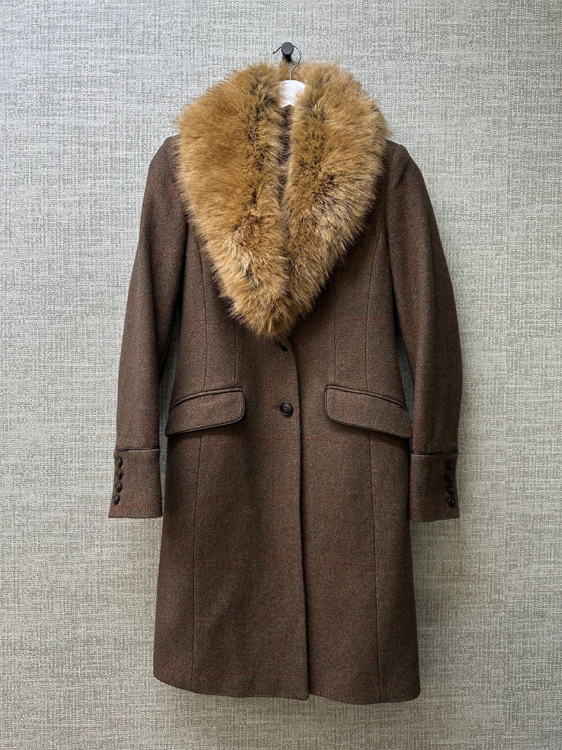 Joules Khaki Green Wool Tweed Removeable Faux Fur Collar Tailored Coat - Size 8