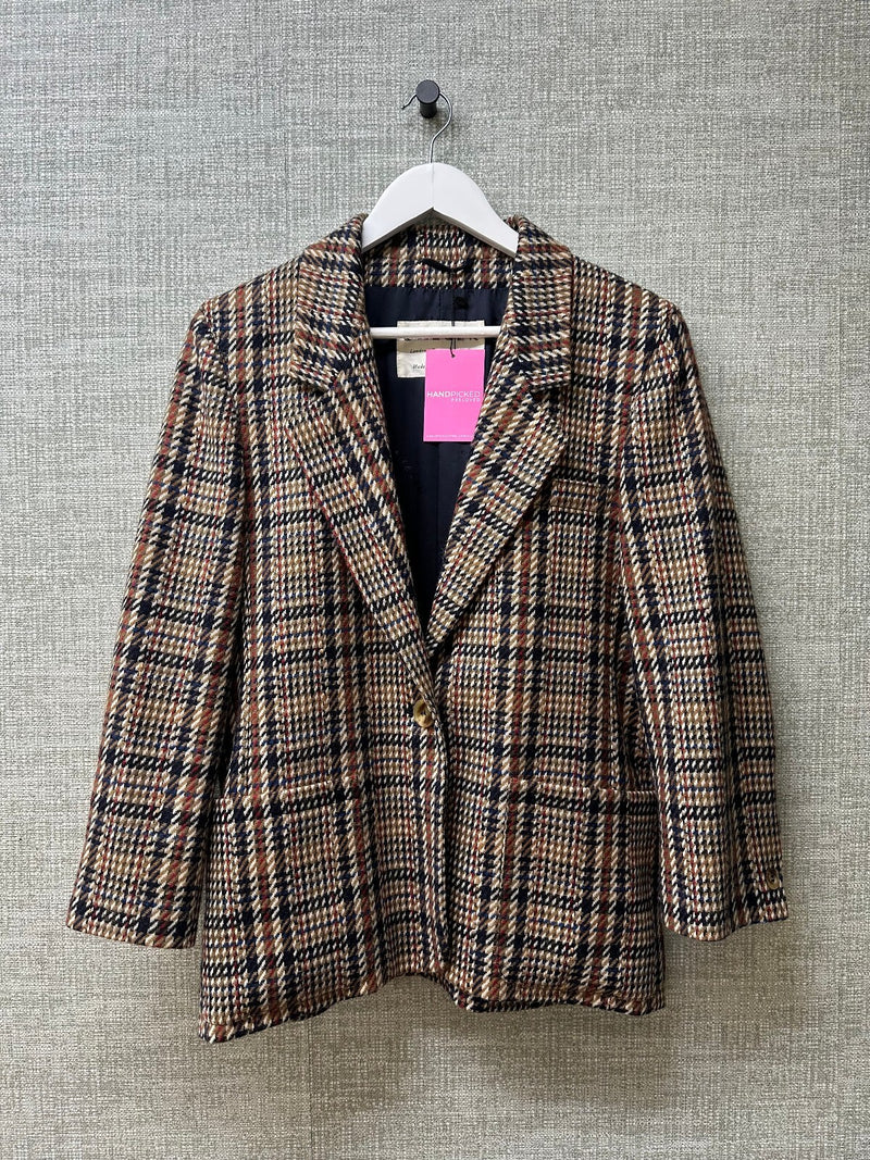 Jaeger Brown Wool Checked Vintage Tailored Blazer Jacket Classic Fit Size 8