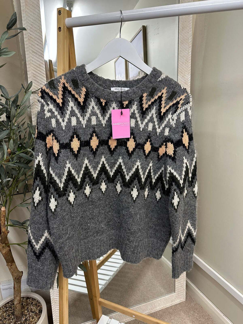 Great Plains Grey Wool Blend Fair Isle Chunky Crew Neck Knit Jumper, Size S