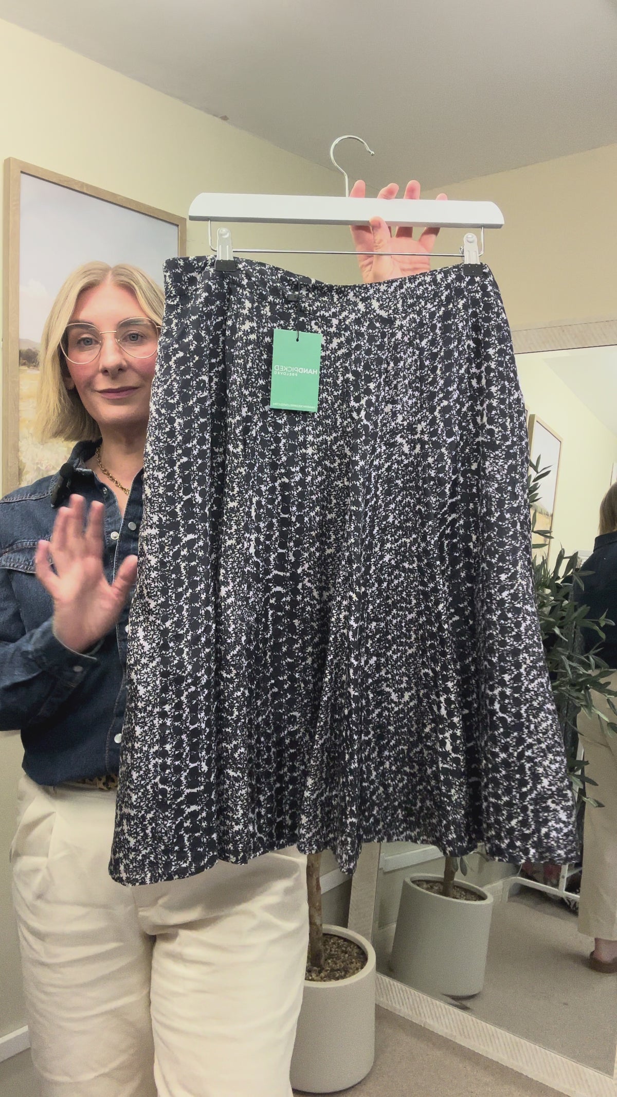 Jigsaw Black Grey Silk Ditsy Print Lined Midi Skirt, Size 12