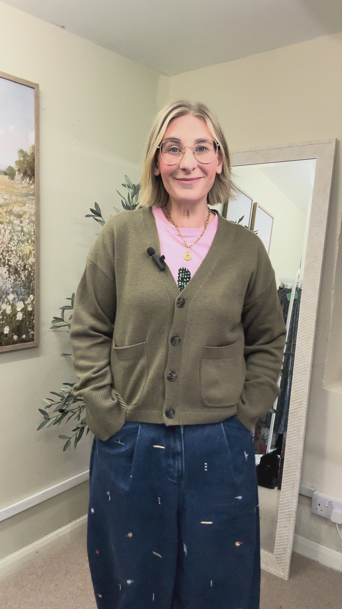 Part Two Green Wool Cashmere Blend Boxy V-Neck Button Cardigan, Size M