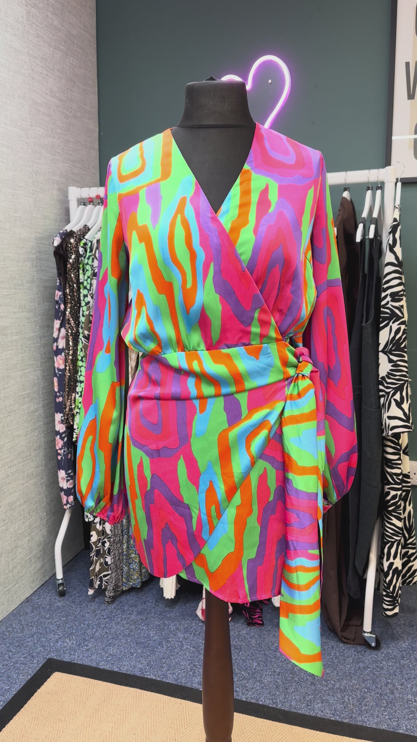 Never Fully Dressed Multicoloured Bright Abstract Wrap Mini Dress, Size M