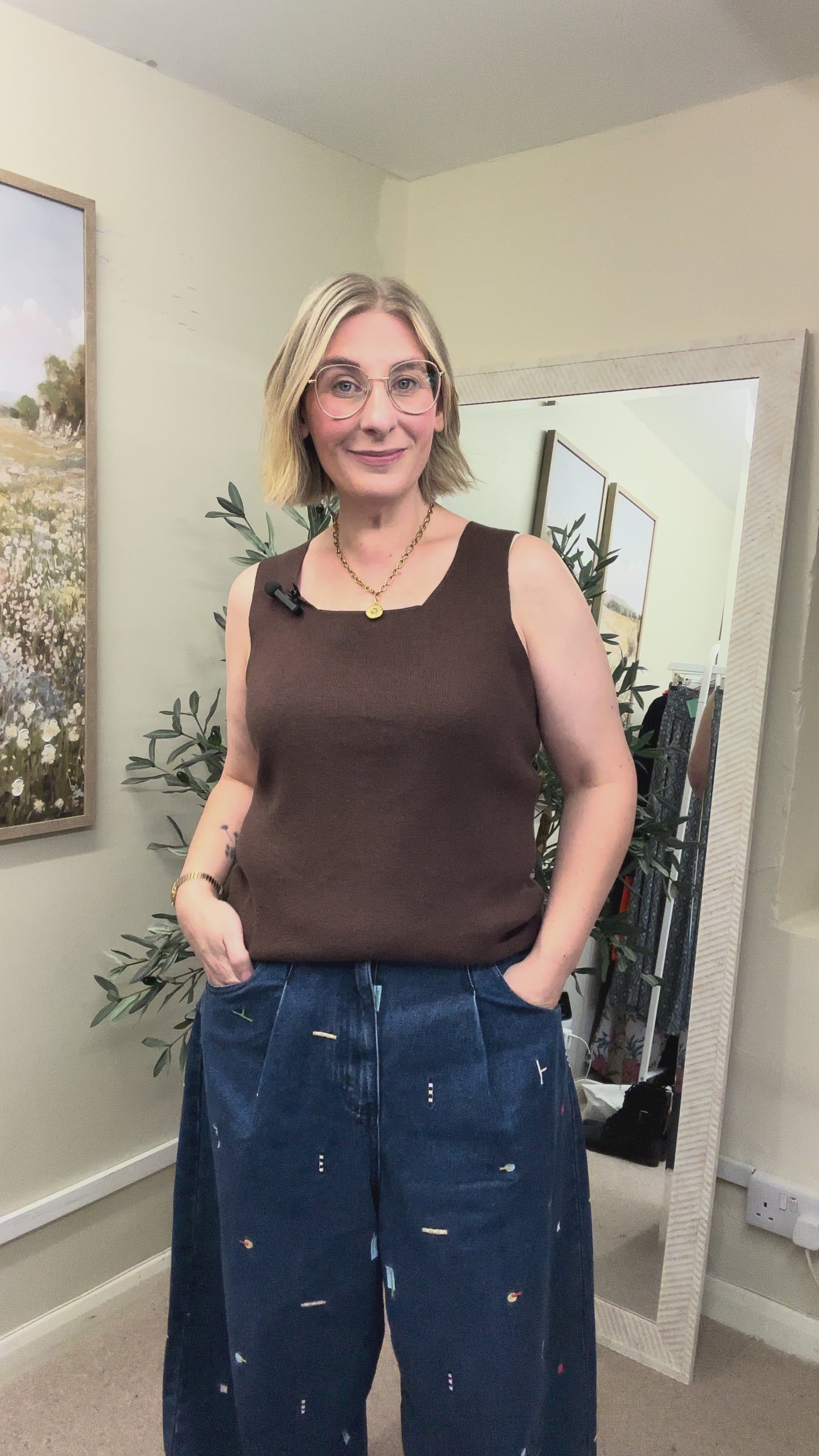 Peruvian Connection Brown Pima Cotton Fine Knit Square Neck Sleeveless Jumper, Size M