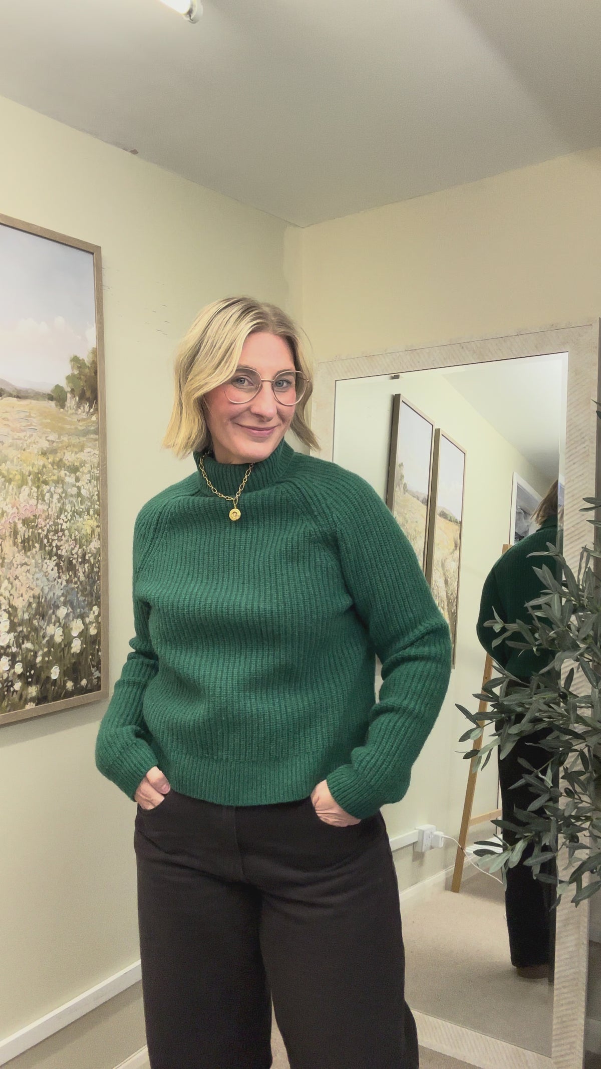 Jigsaw Green Wool Ribbed Chunky Knit High Neck Jumper, Size 8-12